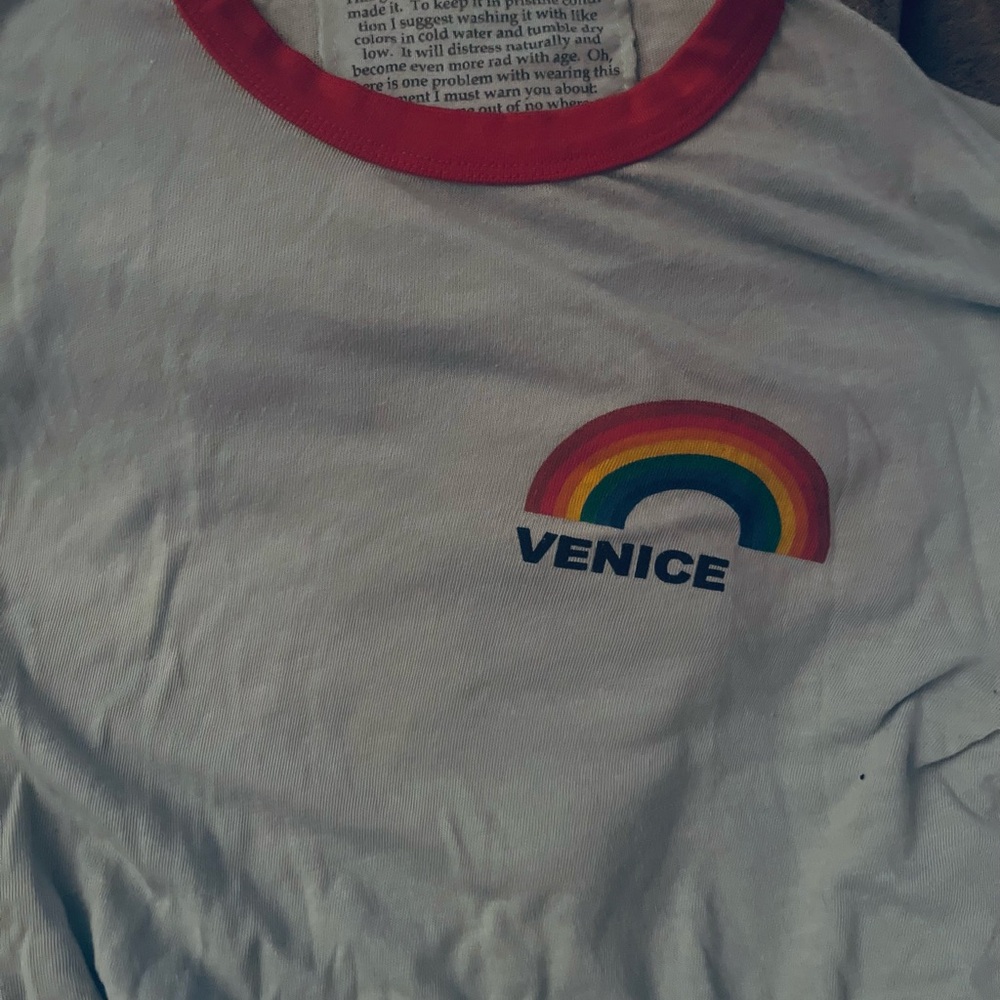 Womens Rainbow T-Shirt - light blue with red ringer. Super soft